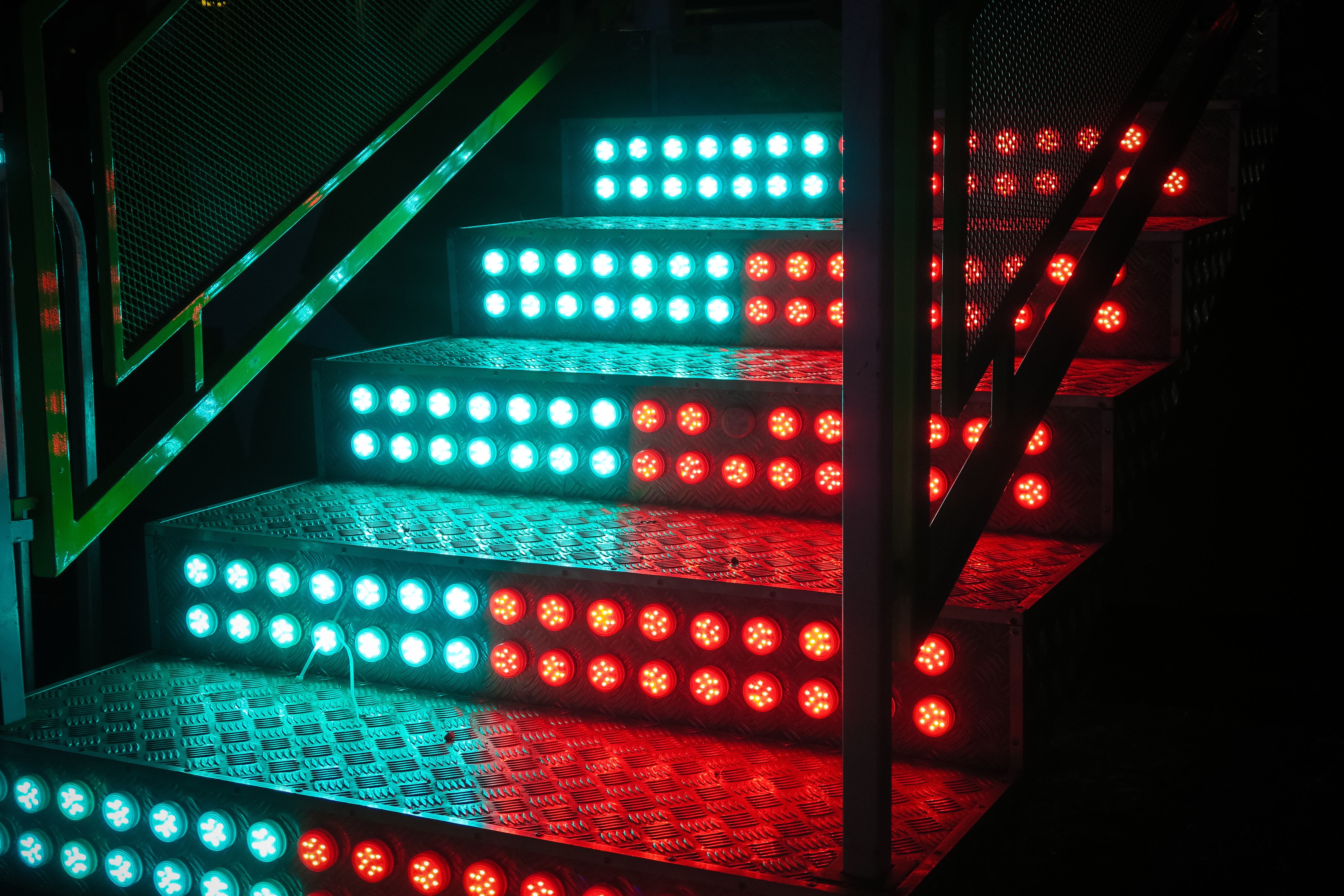 light bulbs, blue, red, miscellanea, miscellaneous, neon, backlight, illumination, stairs, ladder, steps