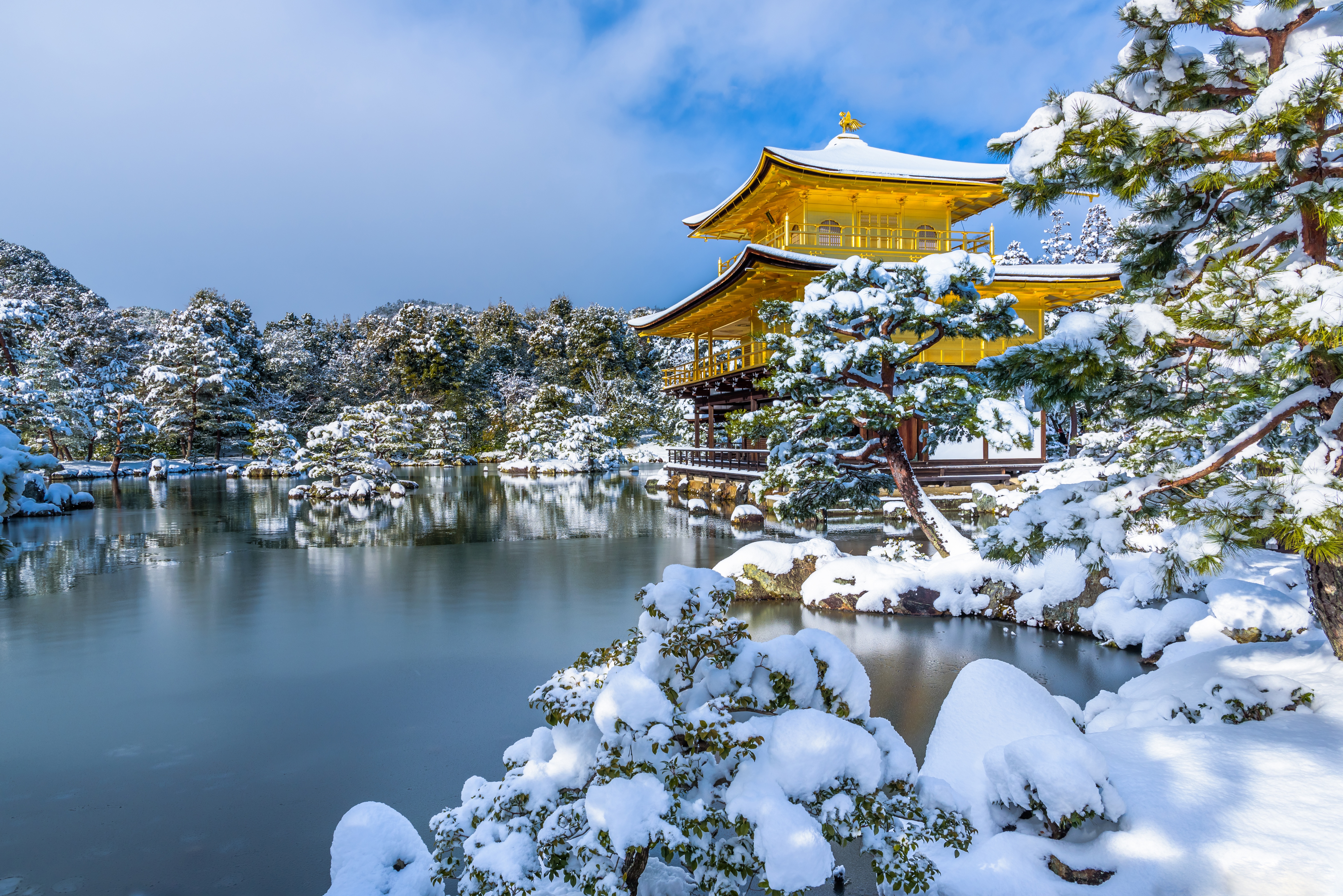 japan, pagoda, lake, winter, religious, snow