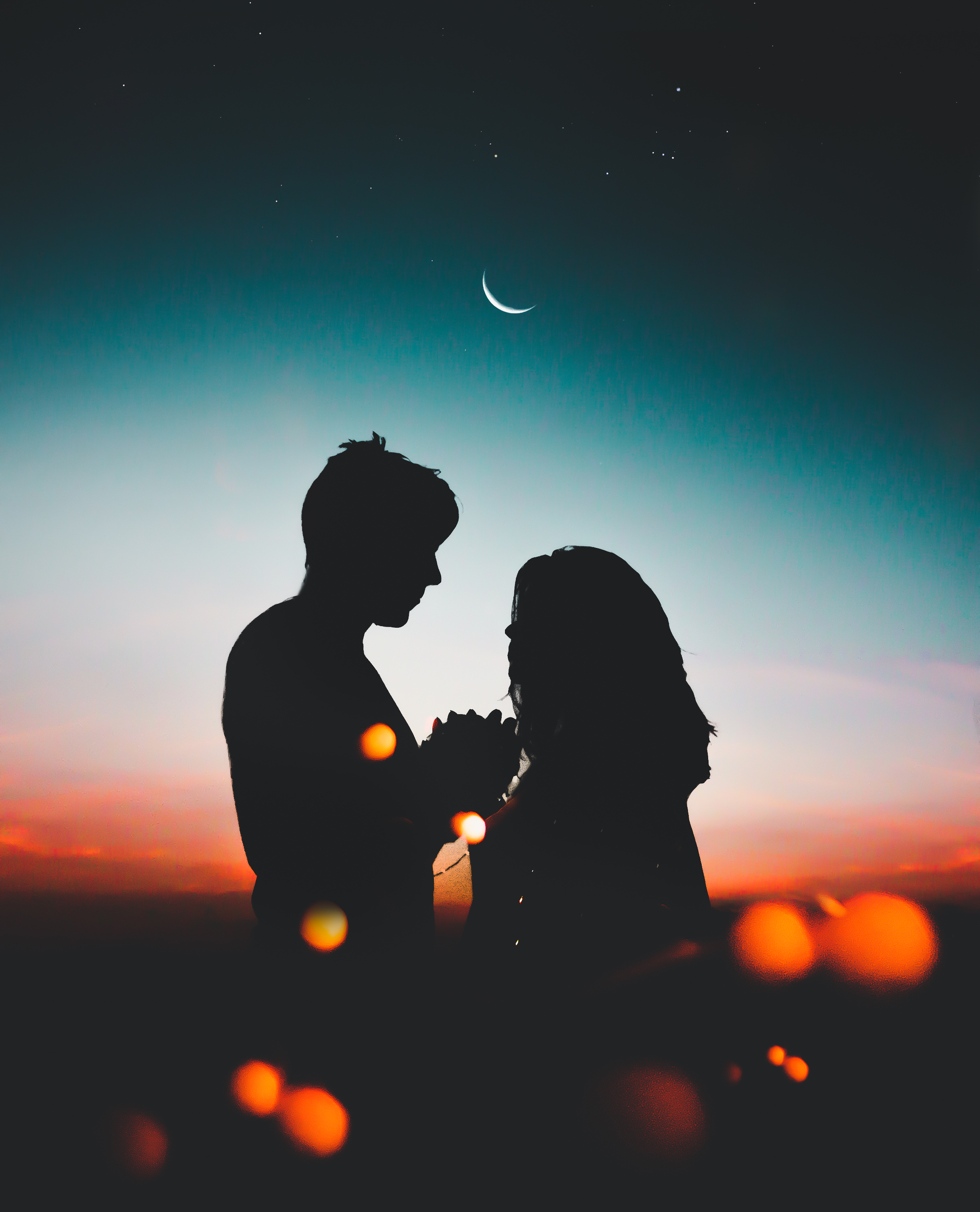 love, pair, couple, silhouettes, night, sky