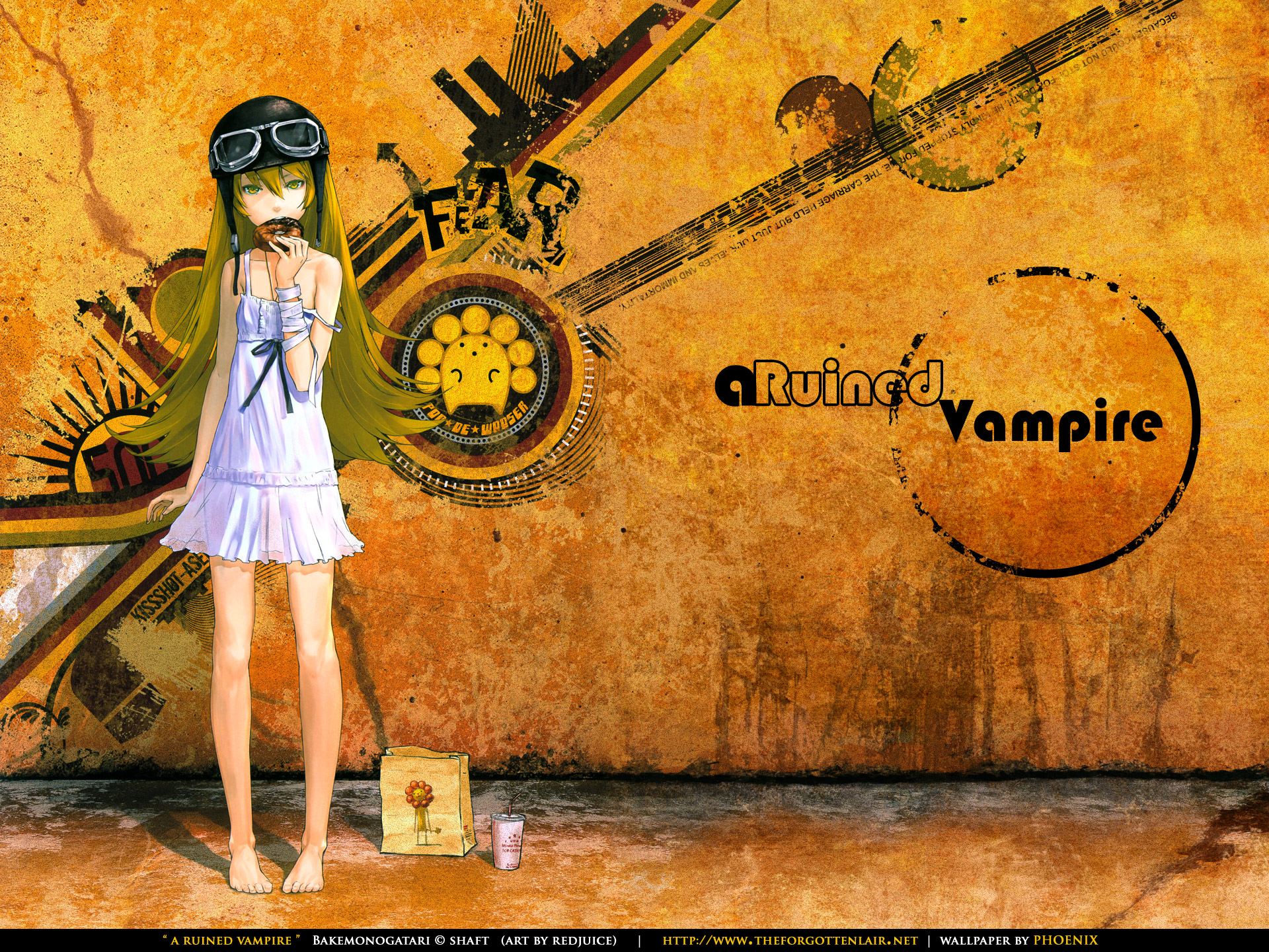 Mobile wallpaper anime, monogatari (series), aviator helmet, bakemonogatari, blonde, doughnut, shinobu oshino, yellow eyes