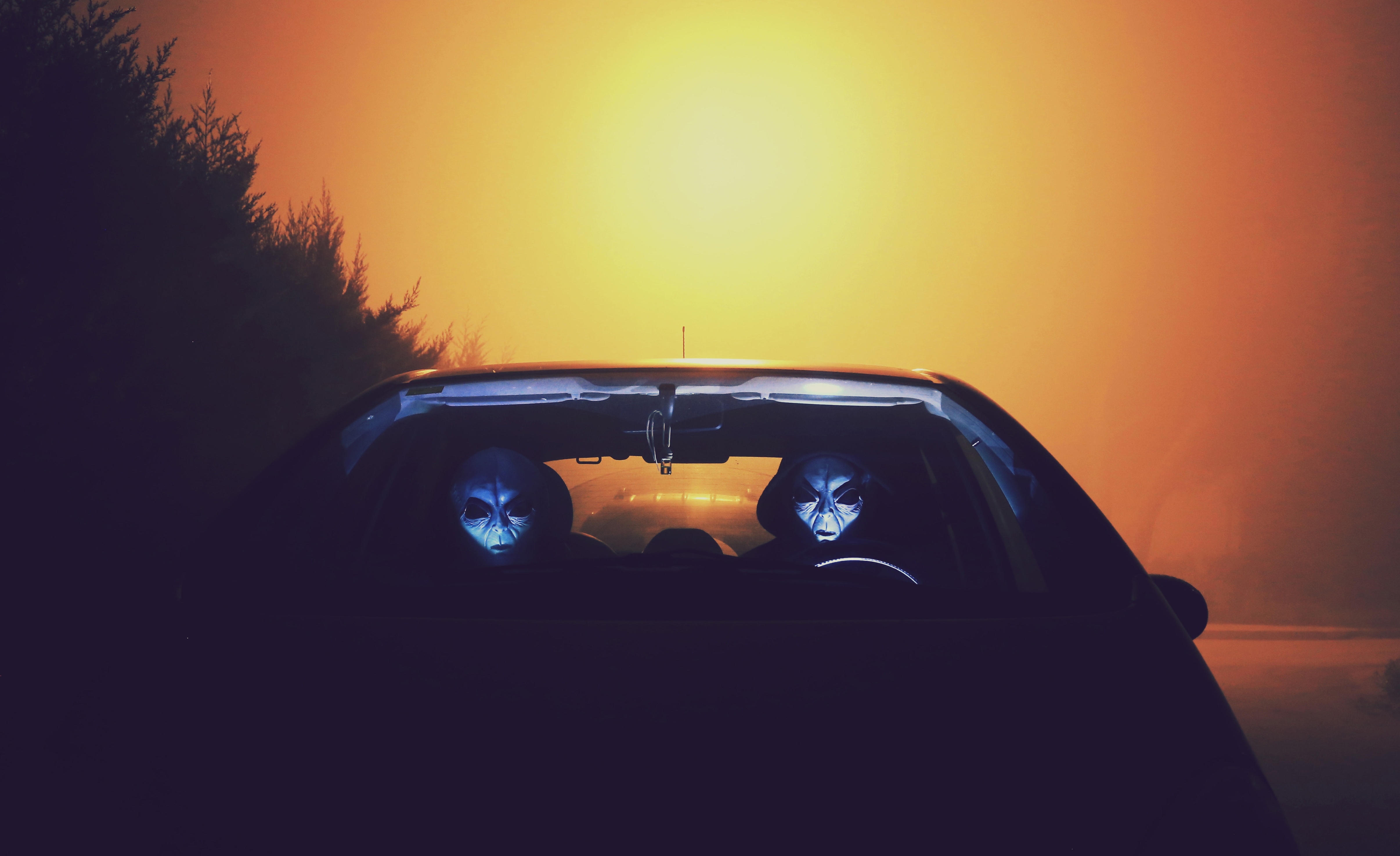 aliens, masks, dark, car HD wallpaper