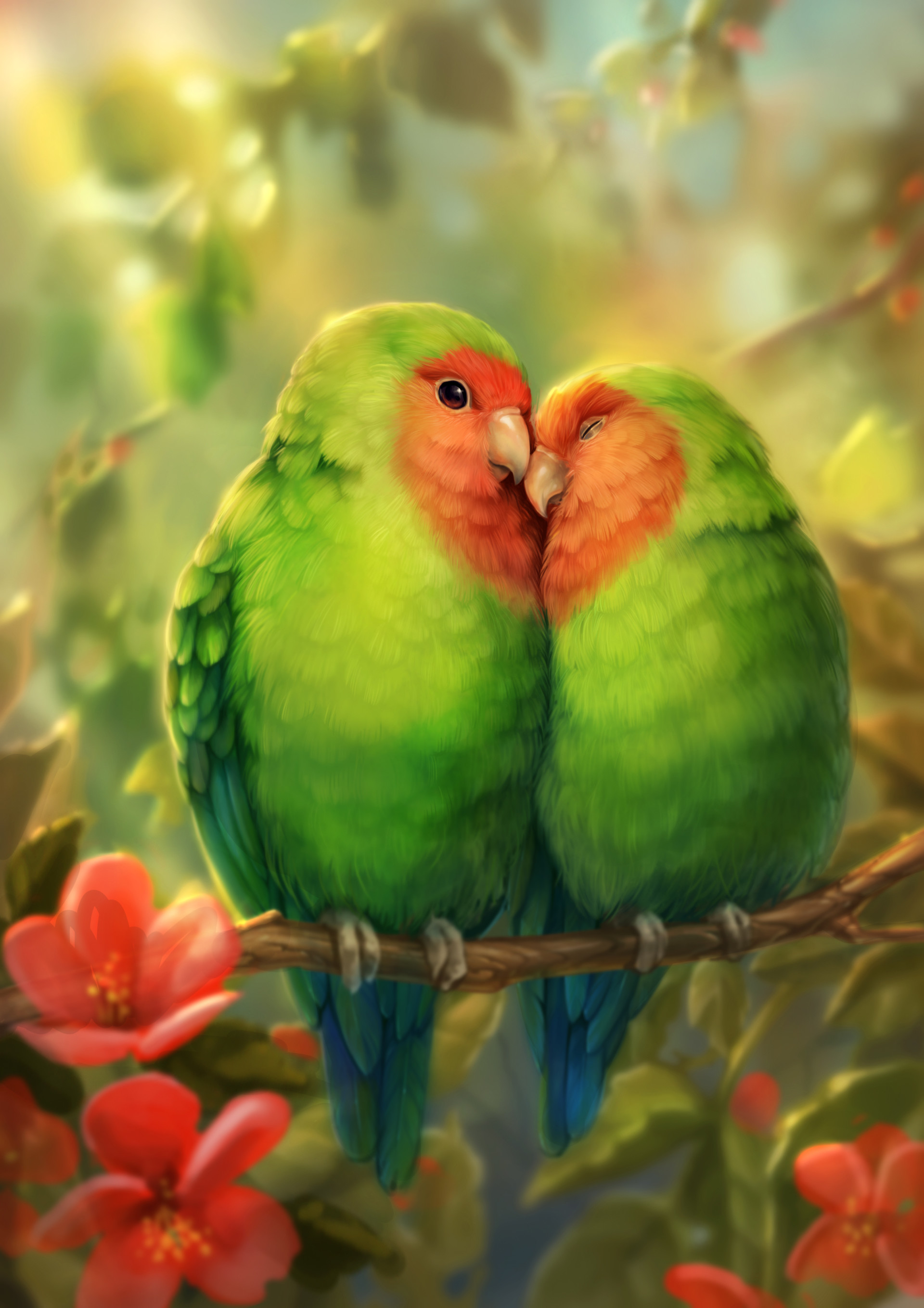 51875 Hintergrundbild herunterladen vögel, papageien, kunst, nett, schatz, romantik - Bildschirmschoner und Bilder kostenlos