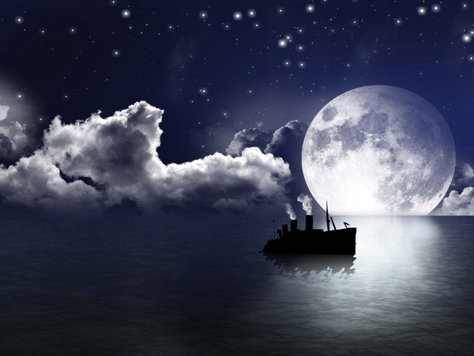Download mobile wallpaper Steamboat, Star, Fantasy, Moon, Sky, Landscape for free.