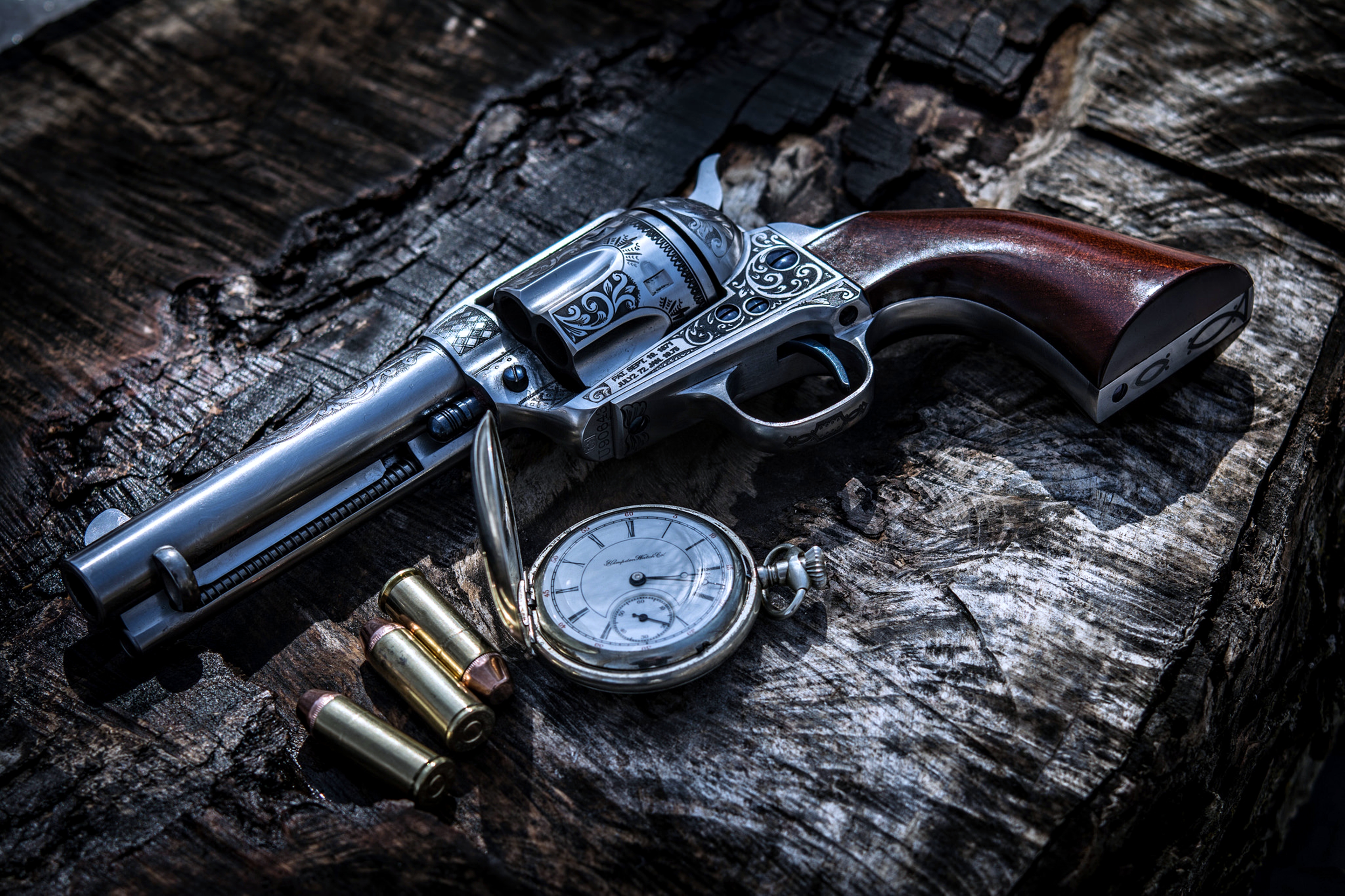 revolver, still life, weapons, gun, military, pistol, pocket watch 2160p