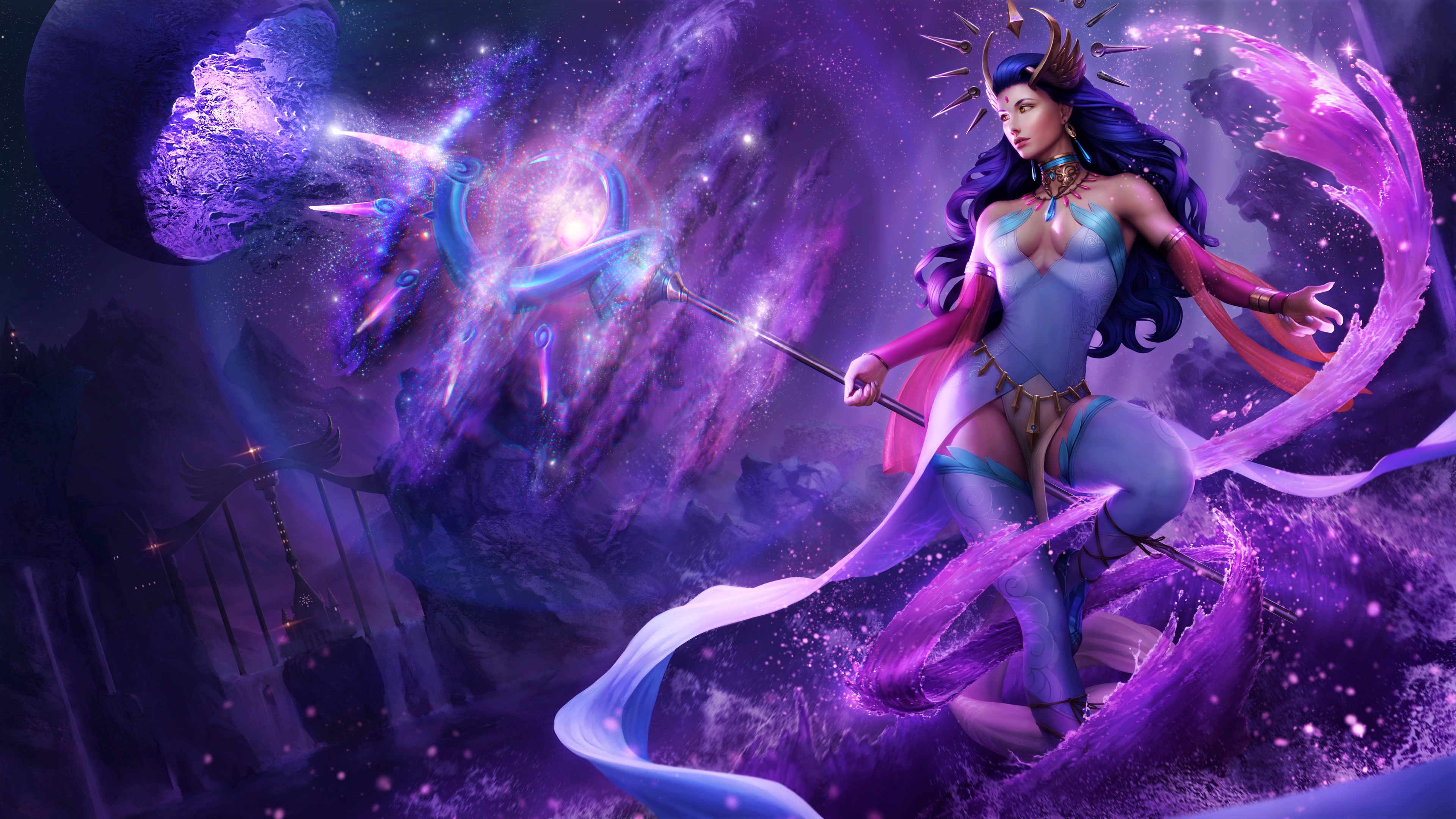 fantasy, sorceress, blue hair, magic, purple iphone wallpaper.