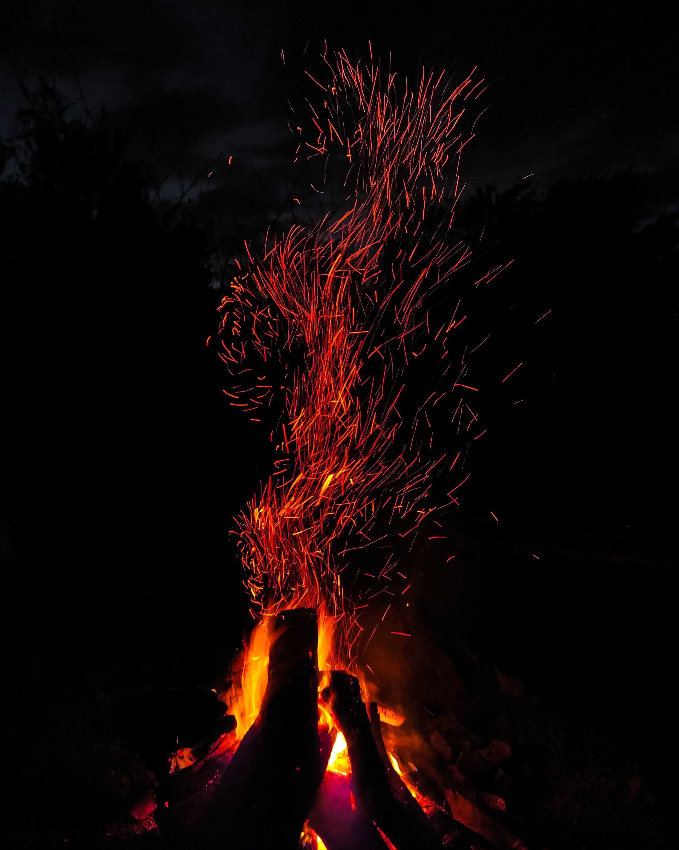 firewood, bonfire, dark, sparks