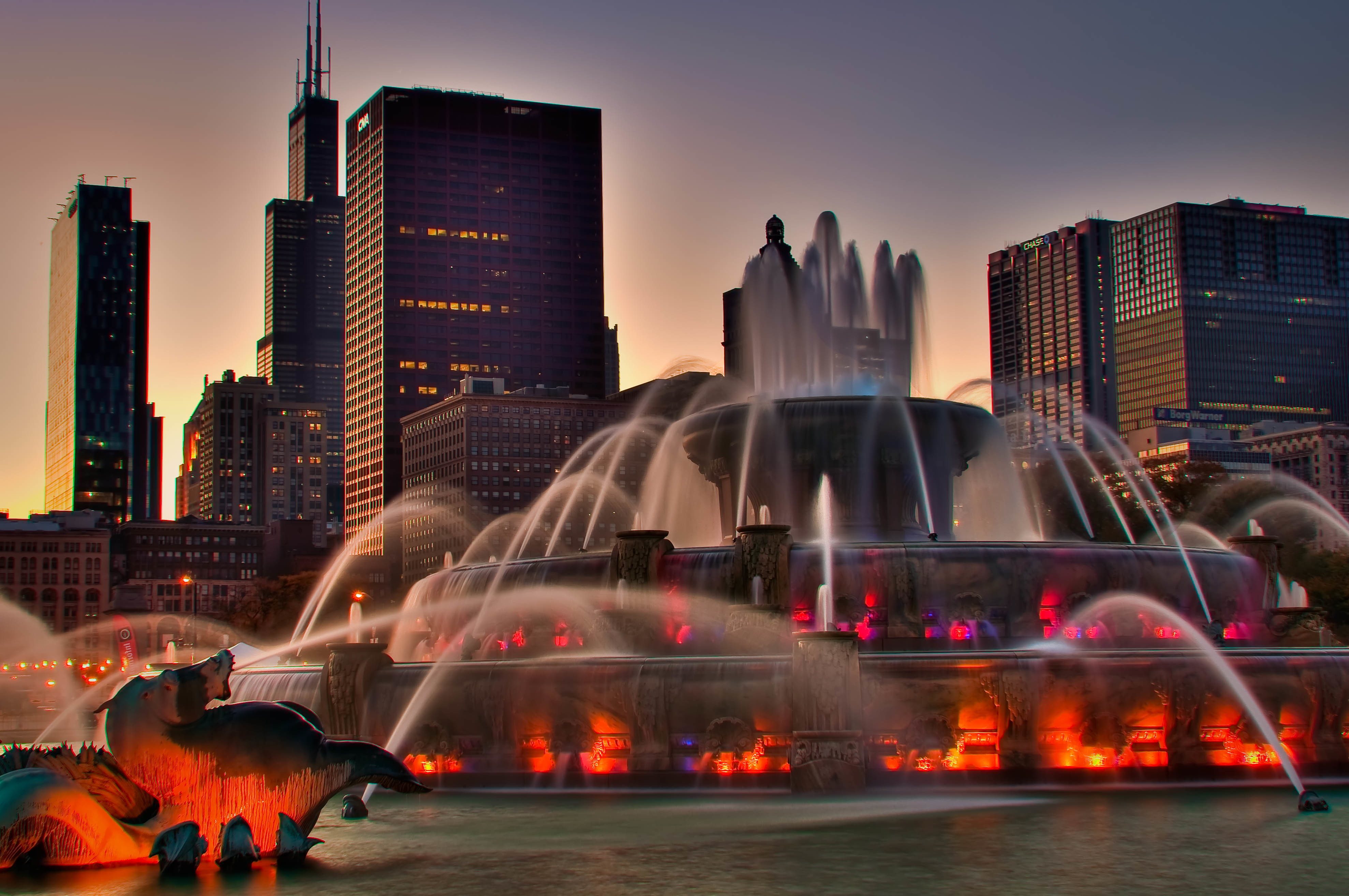 man made, fountain, chicago, evening, illinois, light High Definition image