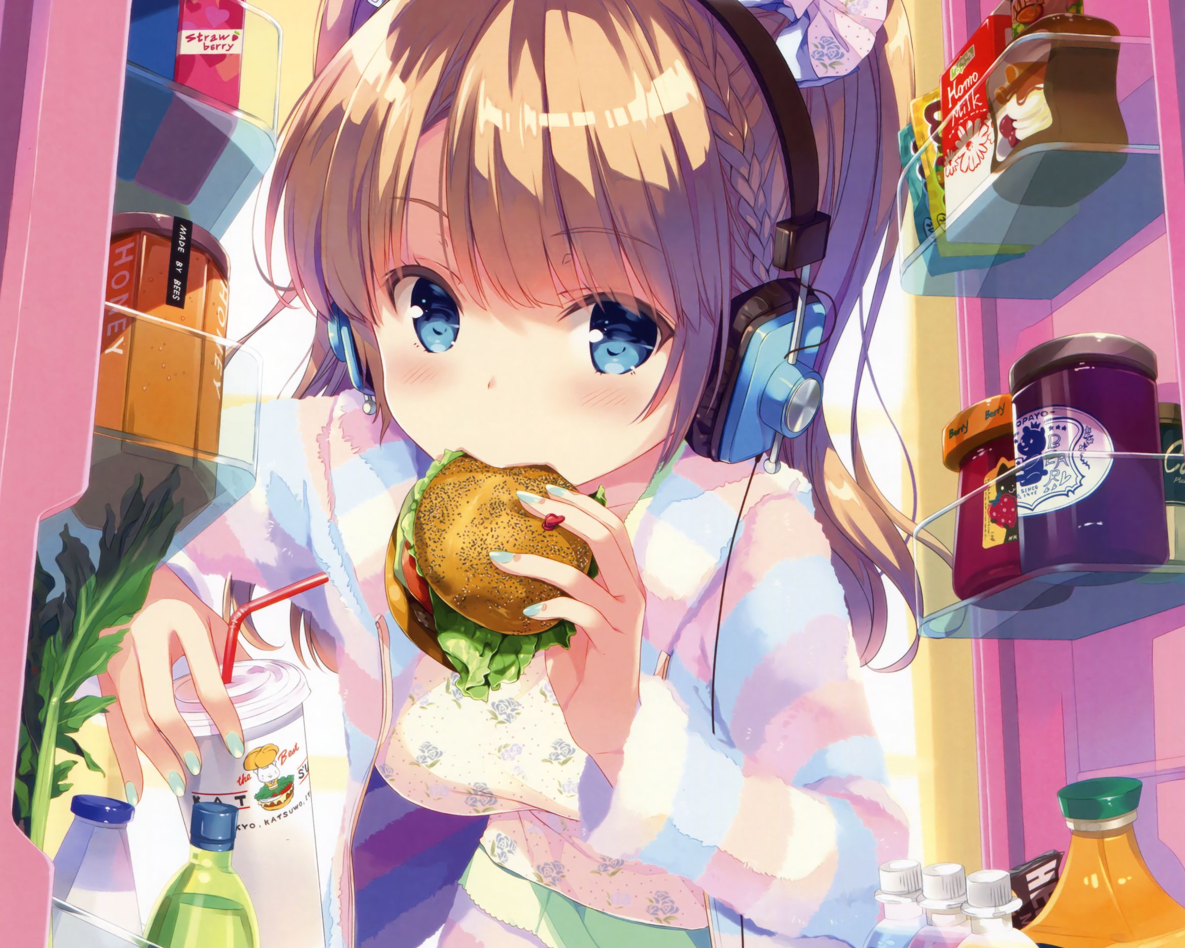burger, anime, original, blonde, blue eyes, blush, braid, food, headphones, japanese clothes, short hair phone wallpaper