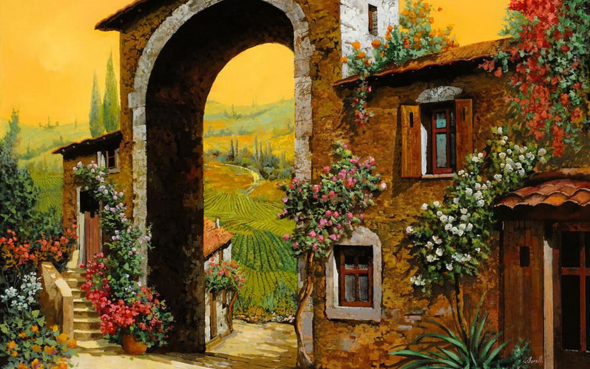 tuscany, artistic, painting, arch, flower, house, italy