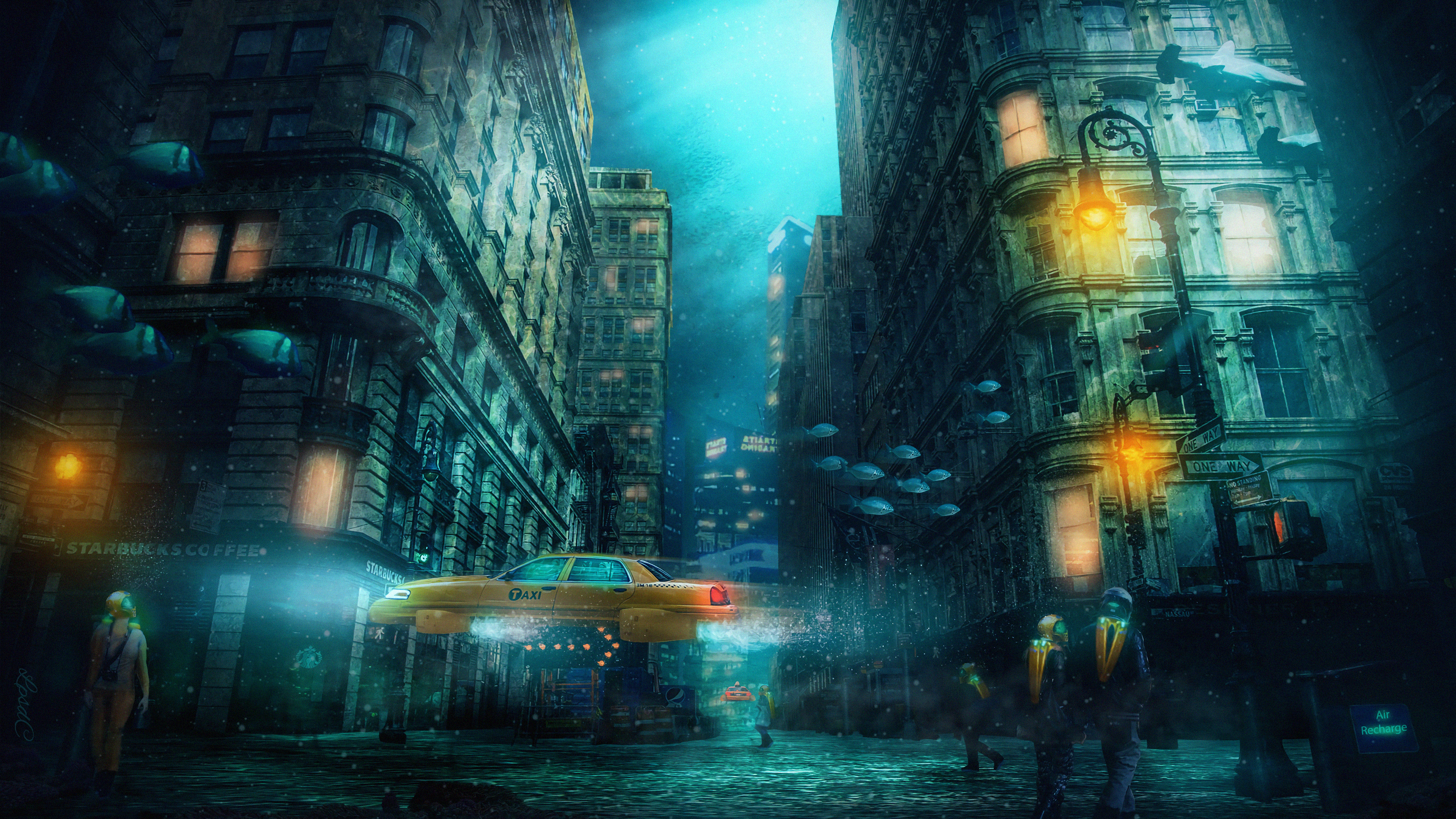 sci fi, city, building, taxi, underwater wallpaper for mobile