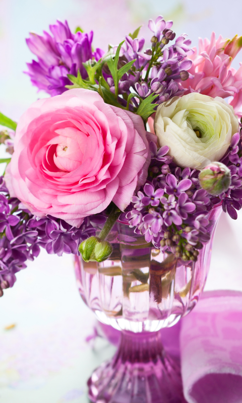 1295238 免費下載壁紙 人造, 插花, 颜色, 色彩, 紫丁香, 丁香, 粉红色的花, 紫花, 毛茛, 静物 屏保和圖片