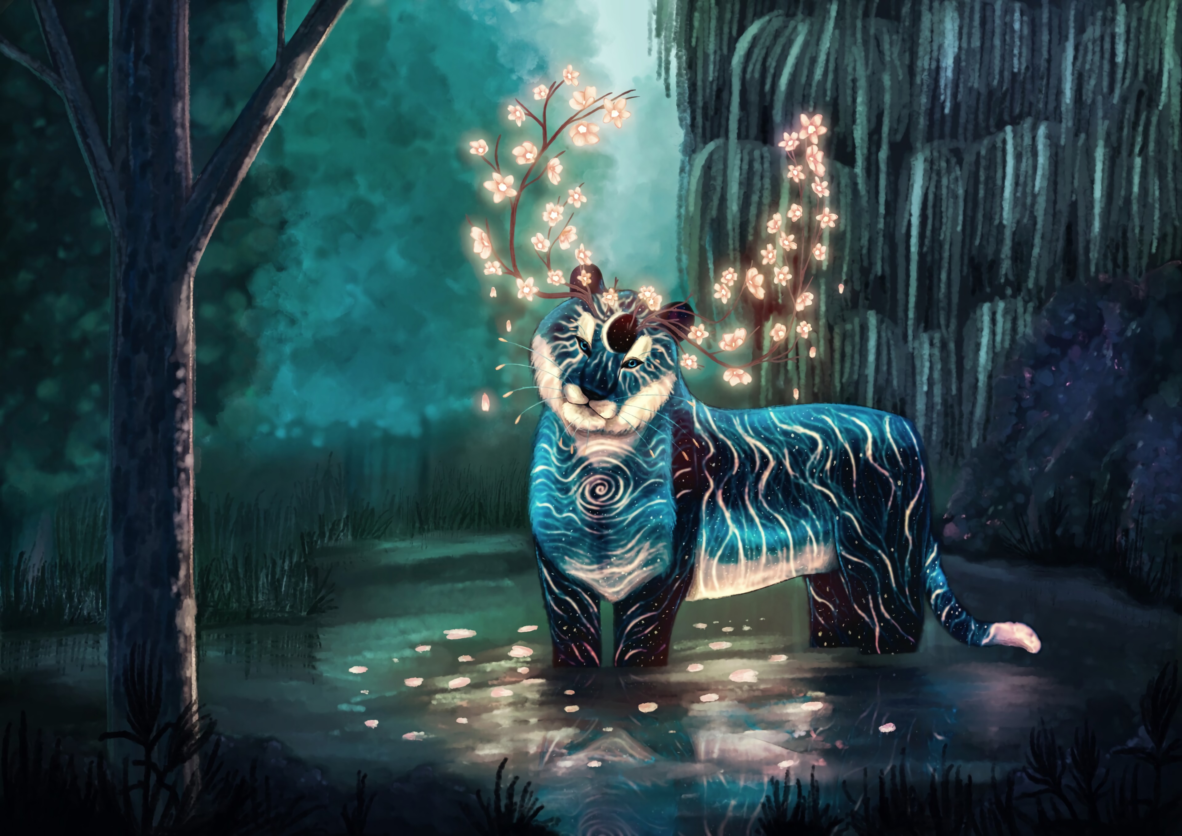 wallpapers tiger, art, being, fantasy, glow, creature, horns
