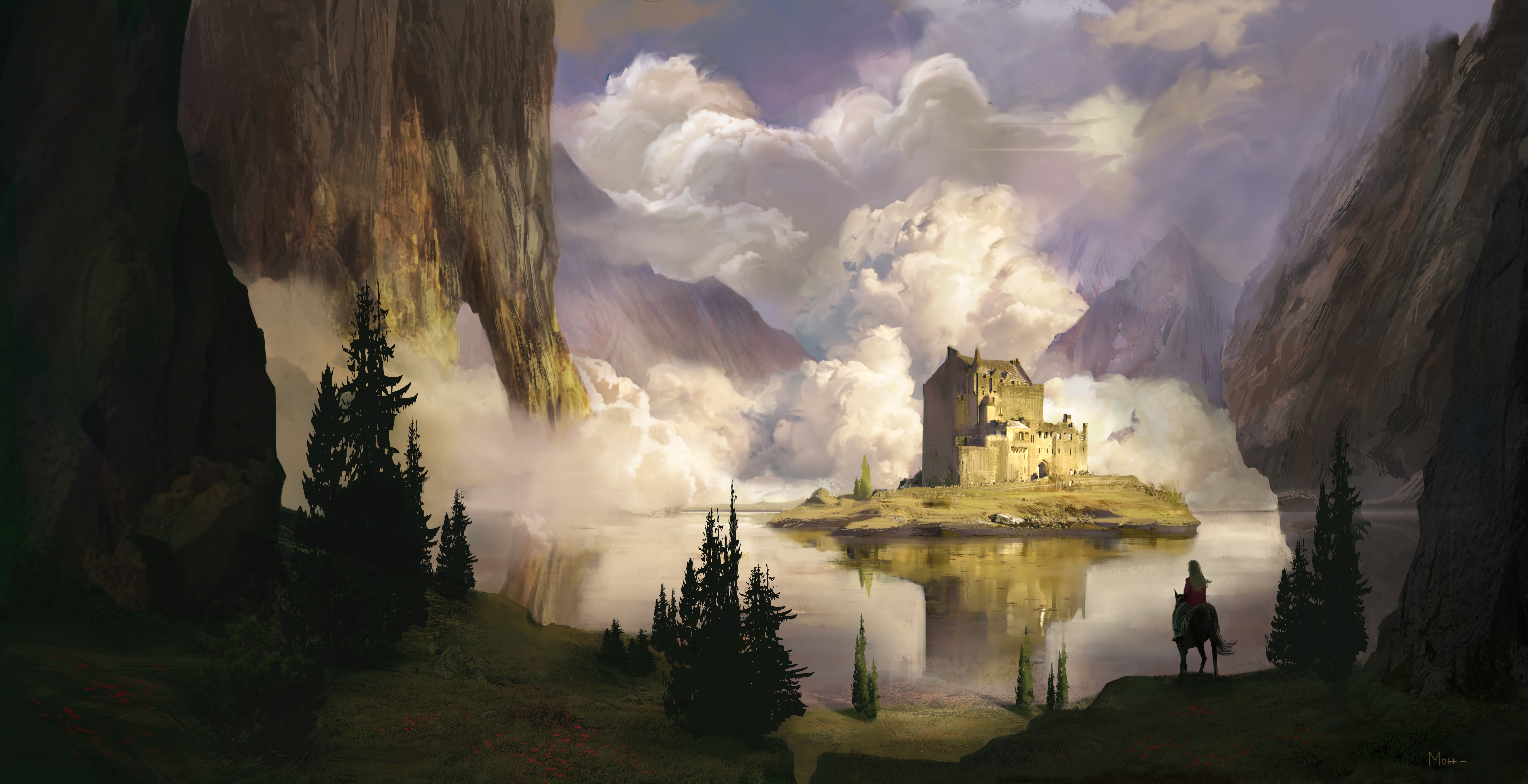 Download mobile wallpaper Clouds, Lake, Lock, Art for free.
