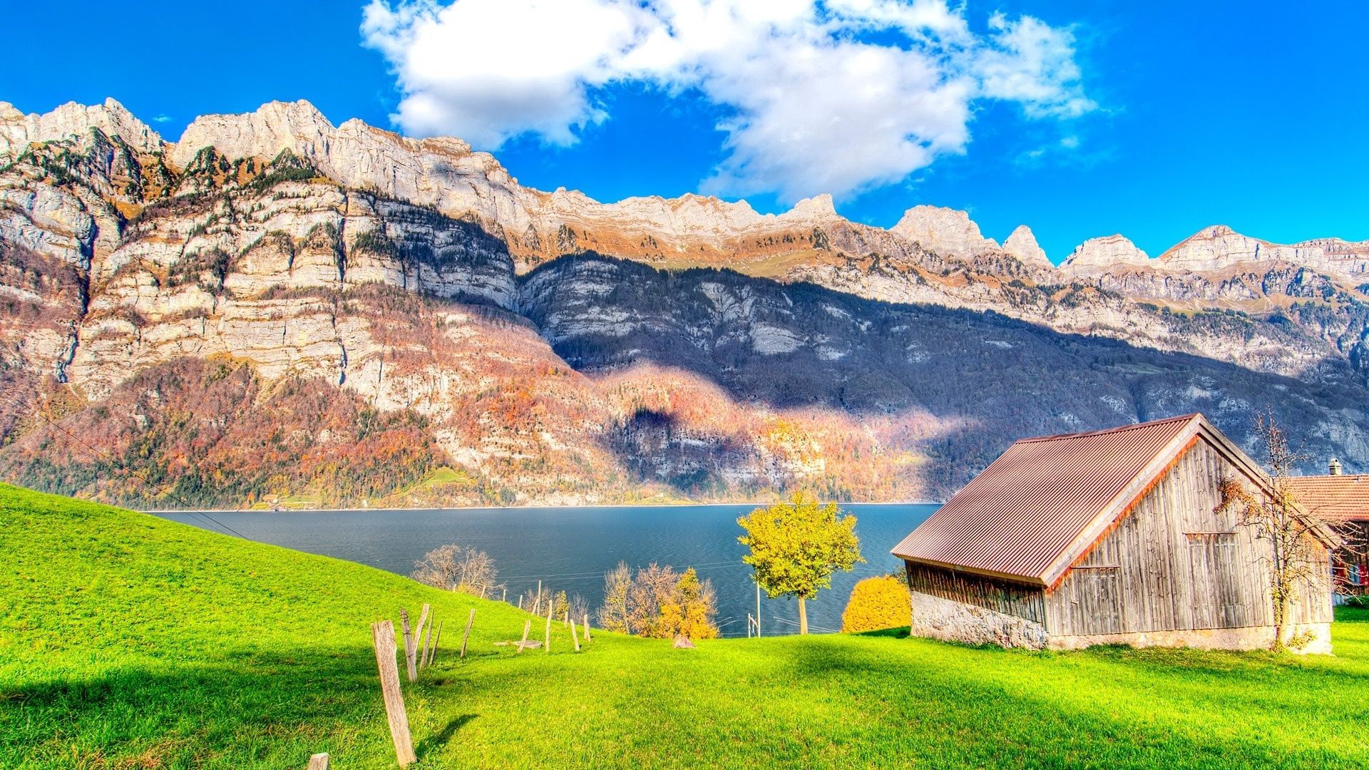 wallpapers nature, mountains, lake, small house, lodge, fence, brightly, hedge