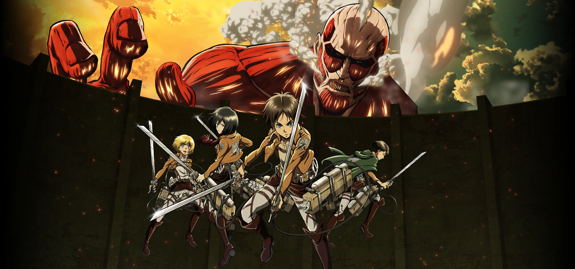 Download mobile wallpaper Anime, Armin Arlert, Eren Yeager, Mikasa Ackerman, Attack On Titan, Colossal Titan, Levi Ackerman for free.