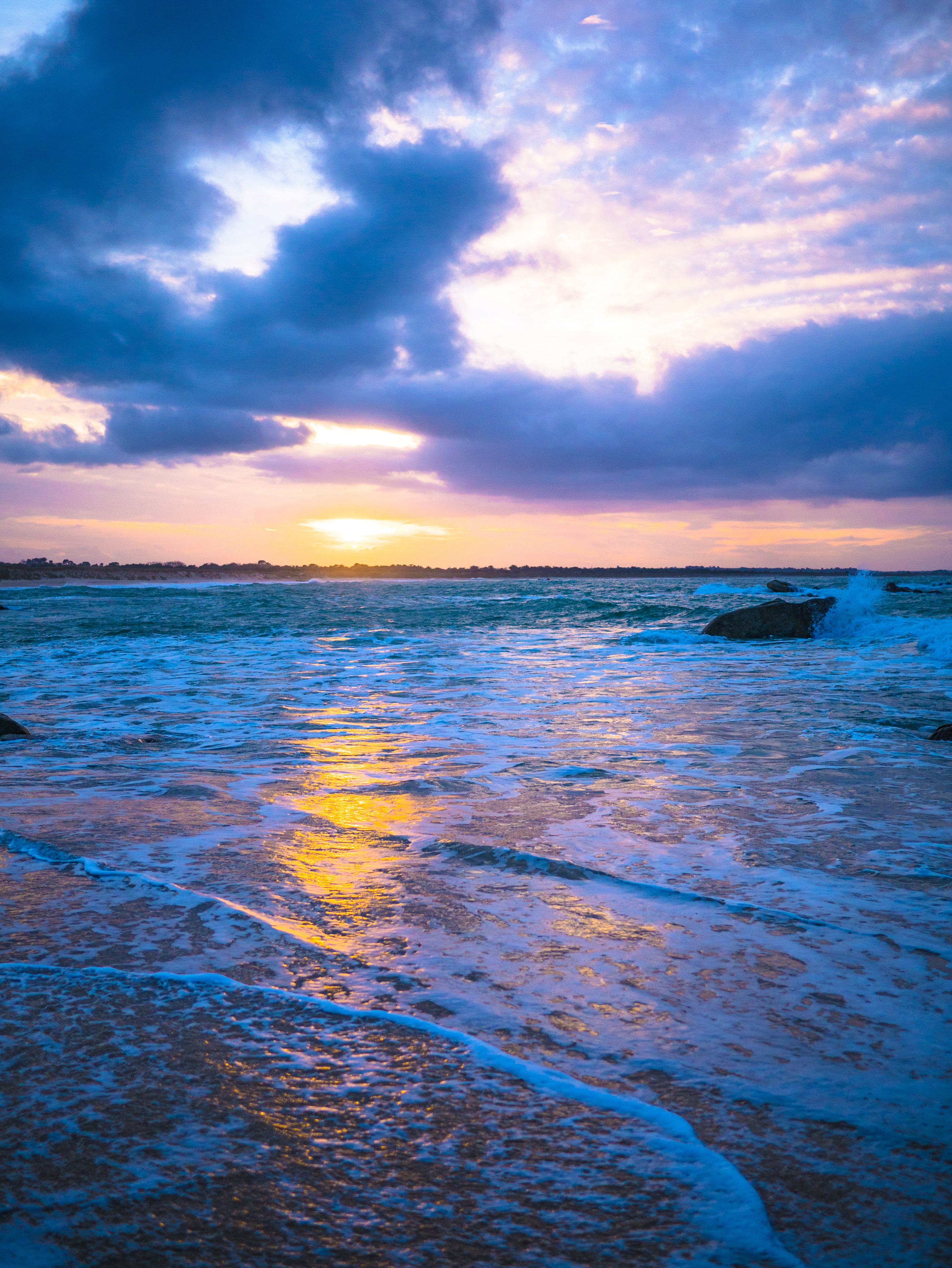 glare, surf, nature, sunset, sea, coast Free Stock Photo