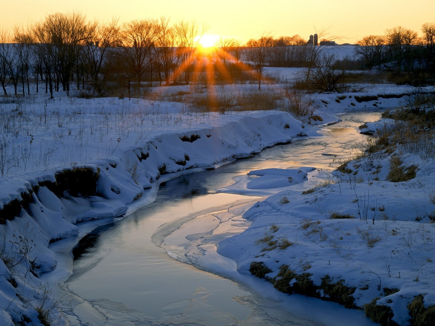 Download mobile wallpaper Rivers, Winter, Landscape, Snow, Sunset for free.