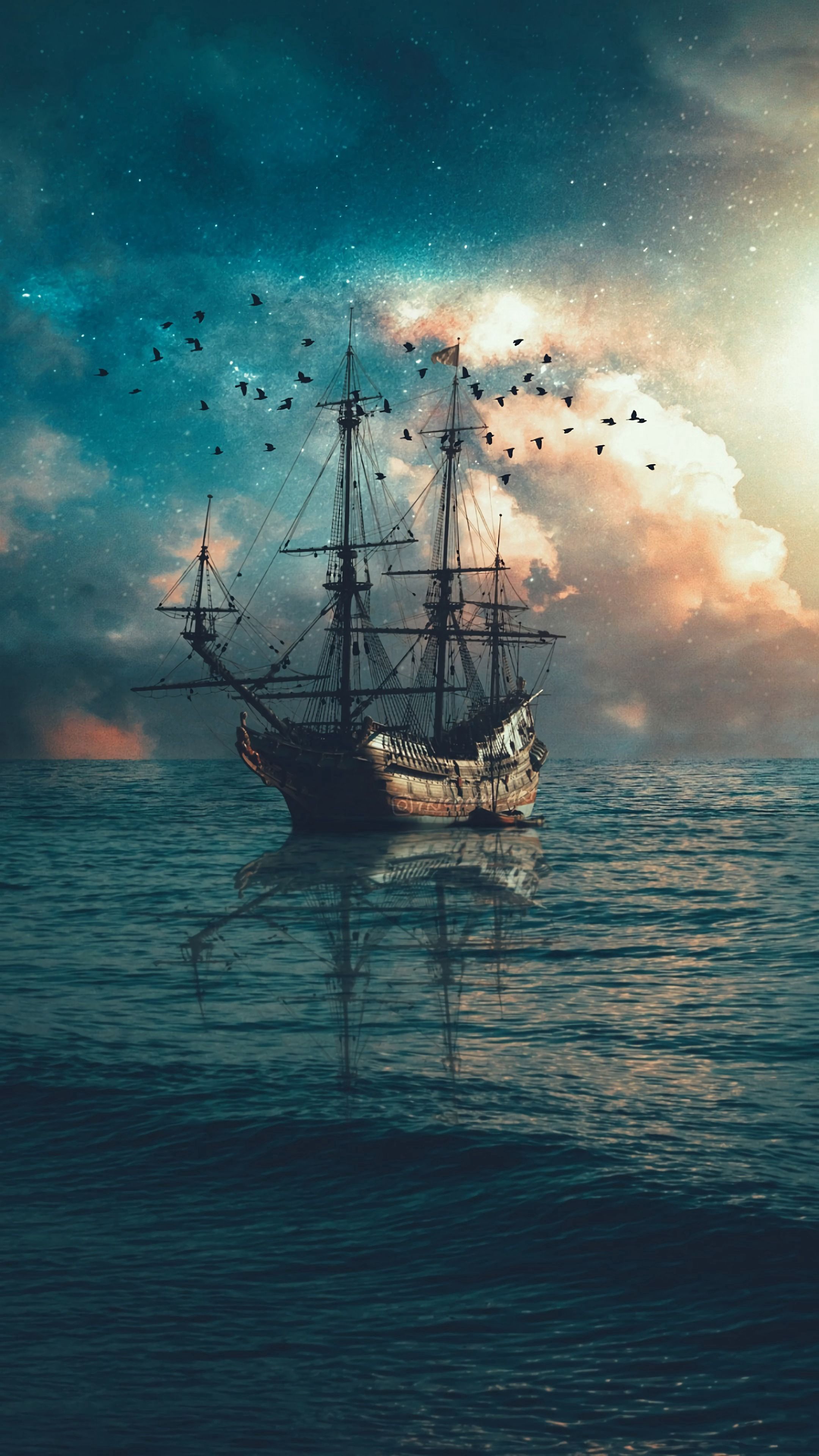 ship, miscellanea, waves, sea, miscellaneous, dusk, birds, twilight