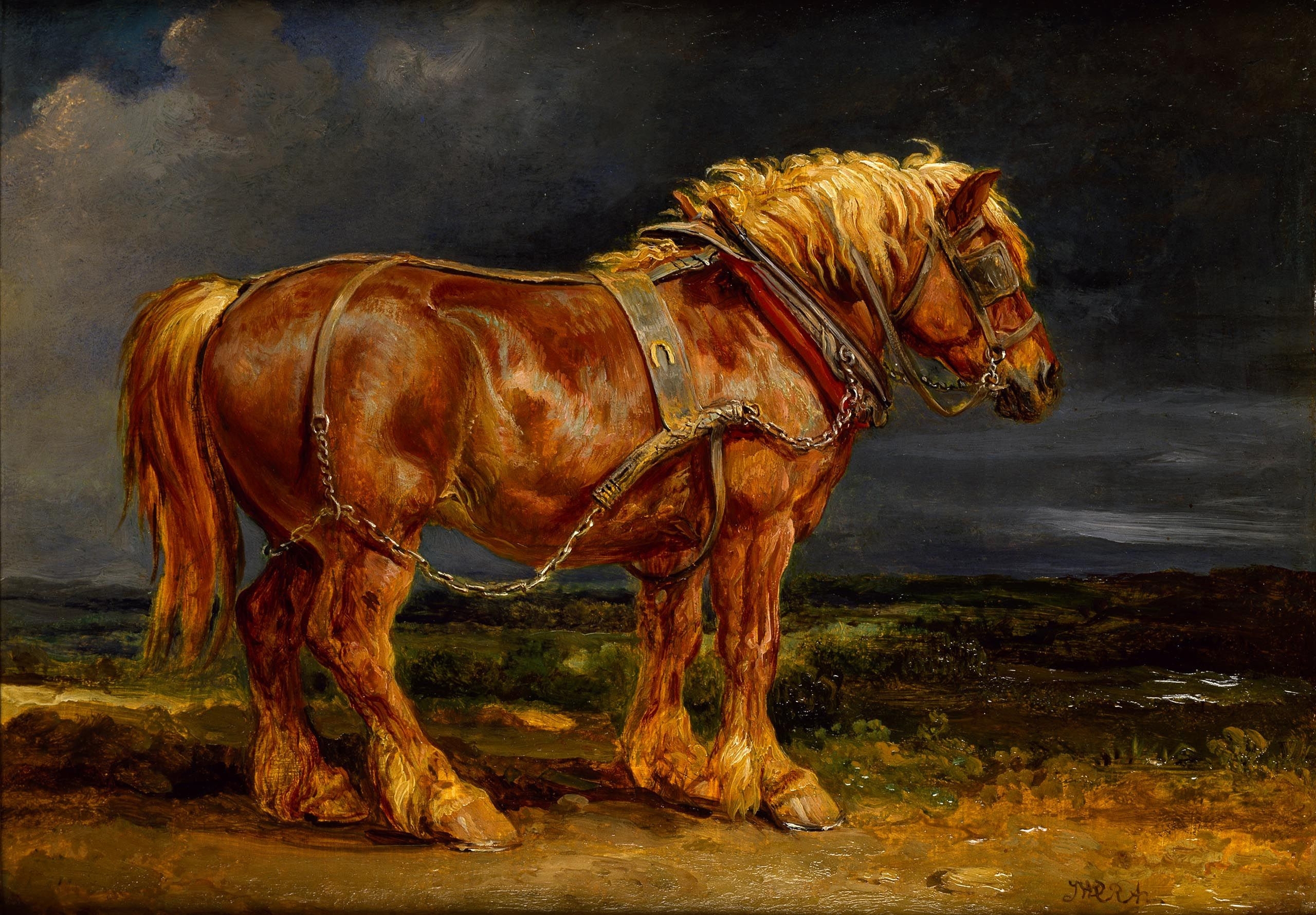 66062 скачать картинку живопись, арт, рыжий, лошадь, тучи, конь, сбруя - обои и заставки бесплатно