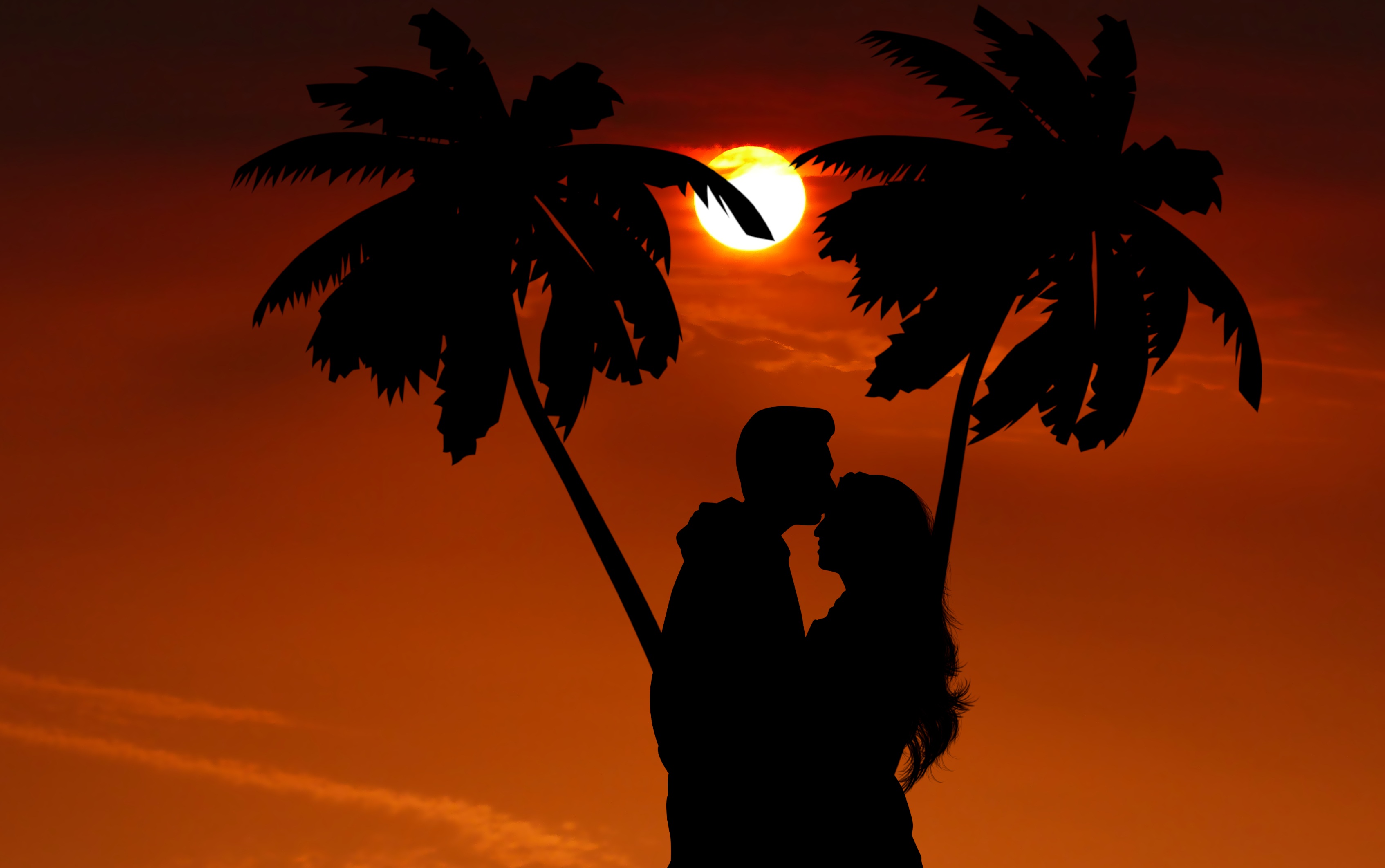 couple, romance, love, silhouettes, embrace, pair, night, palms for android