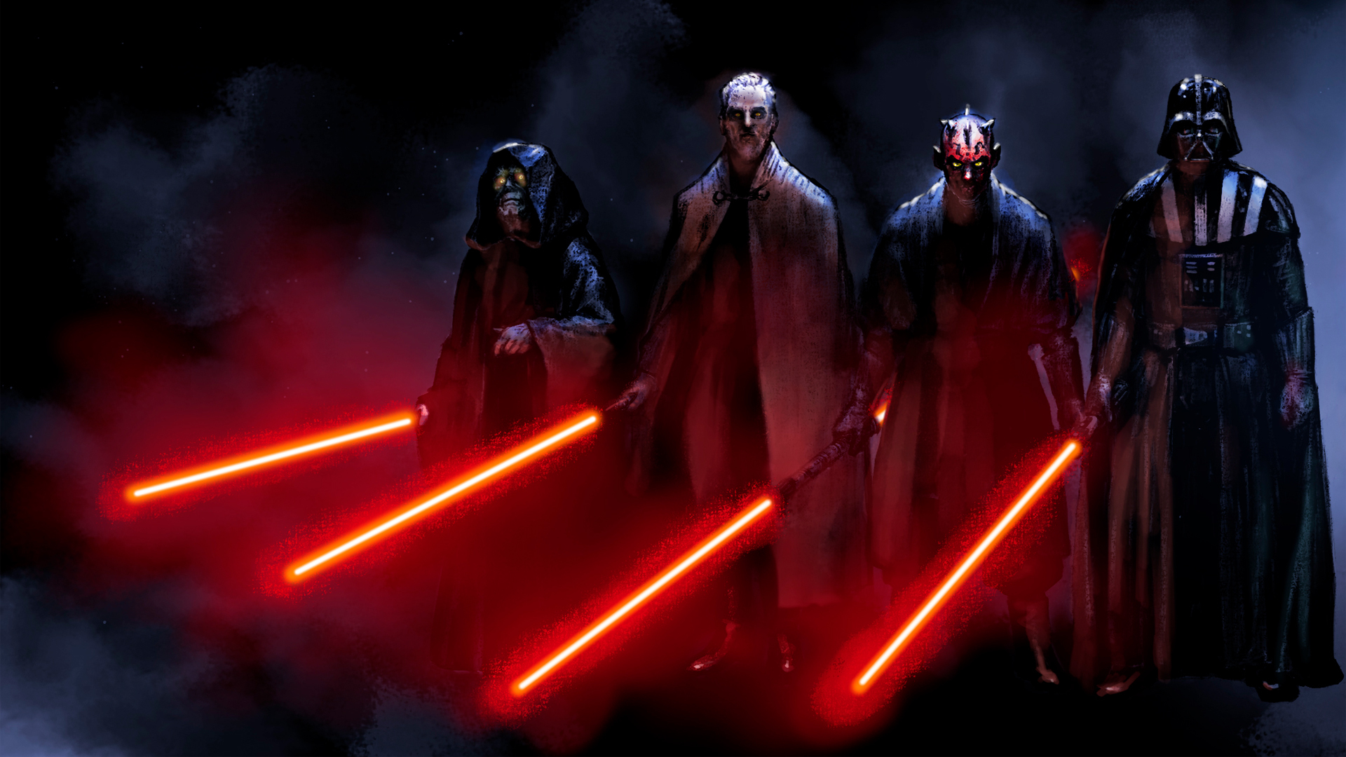 movie, star wars, cape, coat, darth maul, darth sidious, darth vader, glowing eyes, helmet, hood, horns, lightsaber, mask, red lightsaber, sith (star wars), yellow eyes wallpapers for tablet